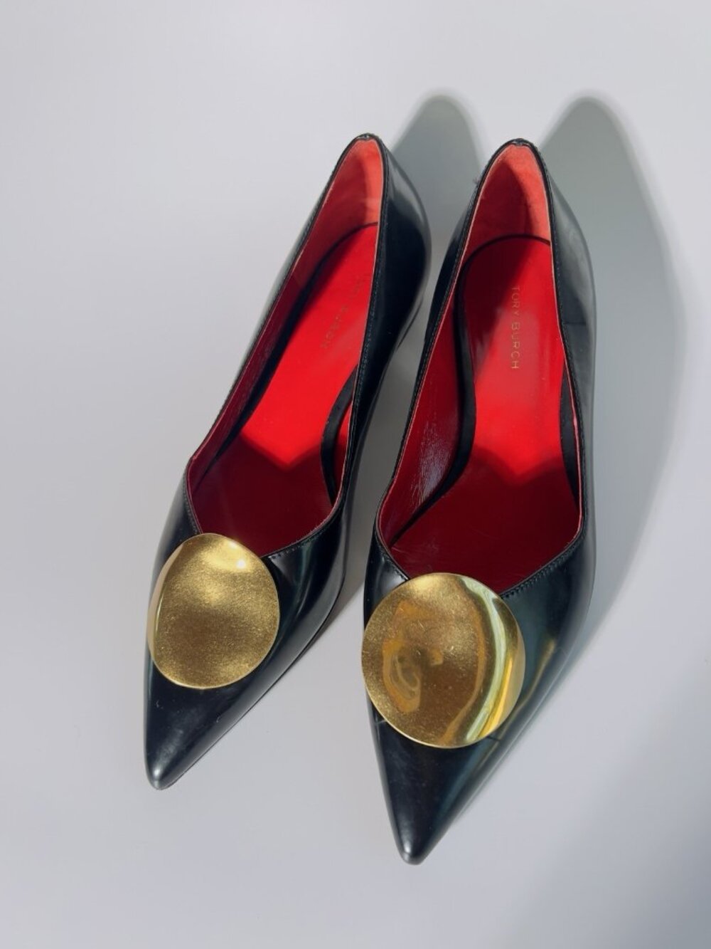 Tory Burch Penelope Pointed Toe Leather Flats Black Gold Size 6.5